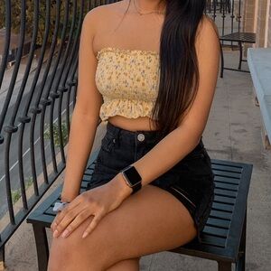 Forever 21 Yellow Floral ruched Crop tube Top